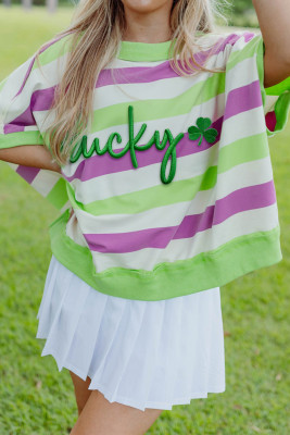Green Stripe Lucky Clover Embroidered Graphic Dolman Loose Tee LC25230567-P919