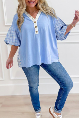 Beau Blue Color Block Plaid Bubble Sleeve Patchwork Blouse LC25135284-P804