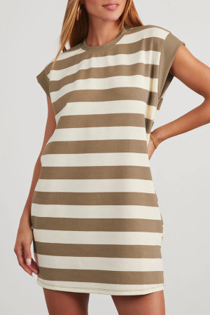 Khaki Stripe Cap Sleeve Shift T Shirt Dress LC6120205-P1619