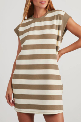 Khaki Stripe Cap Sleeve Shift T Shirt Dress LC6120205-P1619