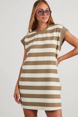 Khaki Stripe Cap Sleeve Shift T Shirt Dress LC6120205-P1619