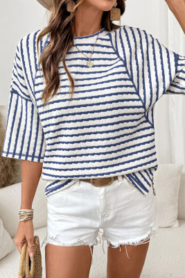 Blue Stripe Textured Knit Split Hem Half Sleeve Loose Top LC25229900-P519