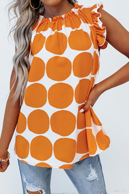 Yellow Polka Dot Print Frilled Round Neck Shift Tank Top LC25613690-P720