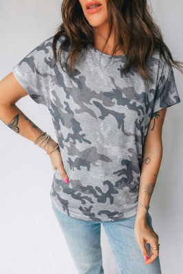 Gray Camouflage Print Round Neck T Shirt LC25230255-P1120