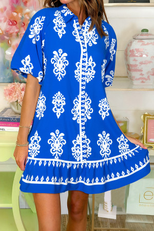 Blue Ethnic Geometric Print Collared Button Front Short Puff Sleeve Mini Dress LC6127431-P520
