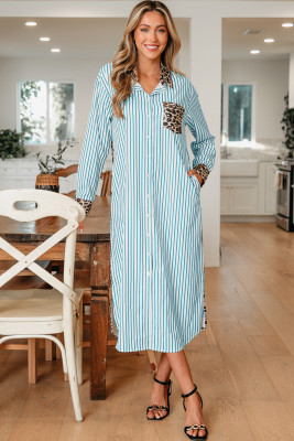 Sky Blue Stripe Contrast Leopard Patchwork Long Shirt Dress with Slits LC6126429-P419