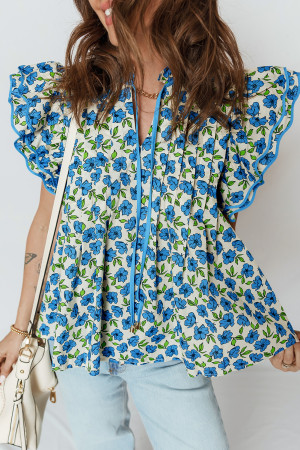 Sky Blue Tiered Flutter Sleeve Pleated Flower Blouse LC25135474-P420