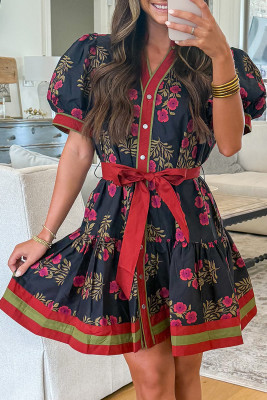 Black Retro Floral Print Button Down Belted Short Puff Sleeve Mini Dress LC6126804-P220