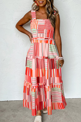 Carrot Mix Striped Wide Straps Smocked Tiered Maxi Dress LC6119022-P1014