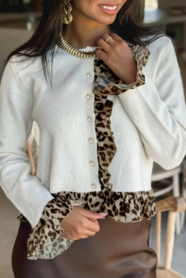 White Knitted Leopard Ruffle Patchwork Button Down Cropped Cardigan LC2712833-P1