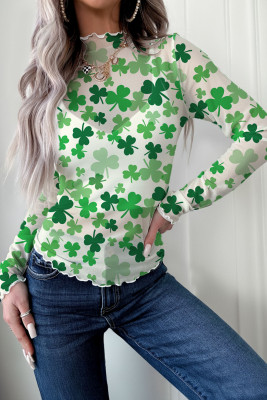 Green Lucky Shamrock Lettuce Trim High Neck Mesh Long Sleeve Top LC25136065-P920