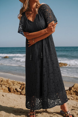 Black Floral Lace Overlay Tassel Tie Short Sleeve Beach Vacation Loose Maxi Dress LC6127607-P2
