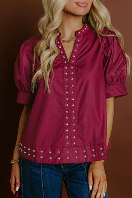 Burgundy Rivet Embellished V Neck Short Puff Sleeve Blouse LC25134706-P503