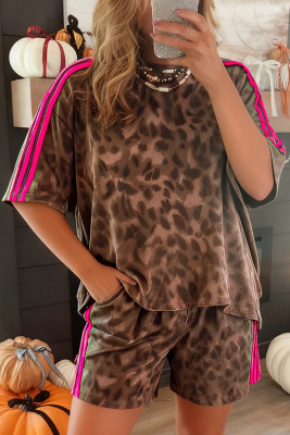 Brown Contrast Striped Accent Leopard Short Set LC628982-P1720