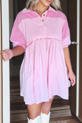 Pink Raw Seam Color Block Patchwork Button Polo Collar Mini Dress LC6127186-P10