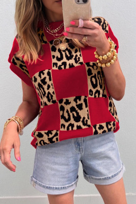Red Leopard Checkerboard Short Sleeve Knit Sweater LC2771287-P322