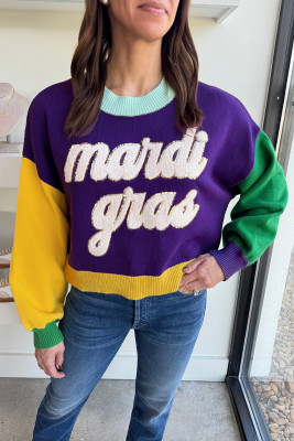 Tillandsia Purple Colorblock Patchwork Fuzzy Mardi Gras Graphic Sweater LC2728132-P8