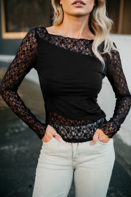 Black Asymmetric Panels Sheer Floral Lace Patchwork Long Sleeve Top LC25135566-P2
