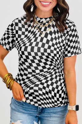 Black Checkered Print Mock Neck Mesh T Shirt LC25230621-P220