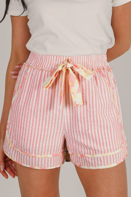 Light Pink Floral Trim Ribbon Knot Striped Casual Shorts LC7311292-P1010