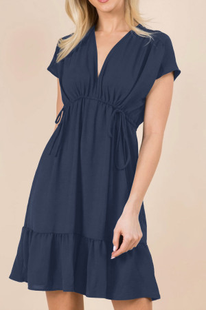 Navy Blue Double Drawstring Detail High Waist V Neck Short Sleeve Mini Dress LC6118451-P605