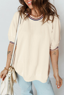 Beige Contrast Varsity Striped Neckline Cuffed Short Sleeve Loose Tunic Top LC25135521-P15