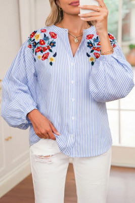 Sky Blue Stripe Floral Embroidered Billowy Sleeve Tunic Baggy Shirt LC2557280-P419