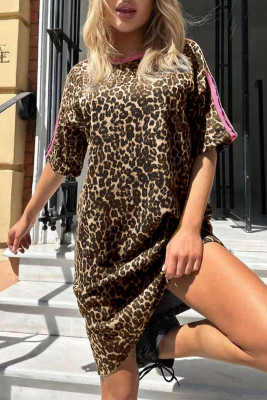 Apricot Leopard Print Contrast Varsity Striped Detail Loose T Shirt Dress LC6127477-P1820