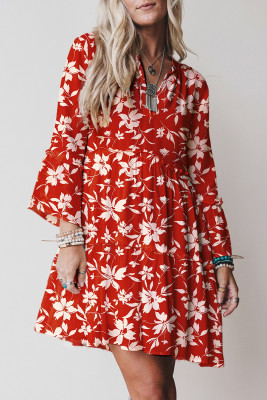 Red Boho Floral Print Lettuce Trim 3/4 Sleeve Mini Dress LC6127650-P320