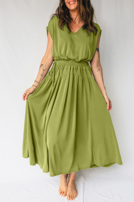 Fern Green Solid V Neck Cap Sleeve Tunic Elastic Waist Versatile Maxi Dress LC6127385-P2109