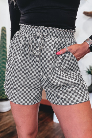 Gray Checkerboard Print Drawstring Elastic Waist Pocketed Shorts LC7311290-P1120