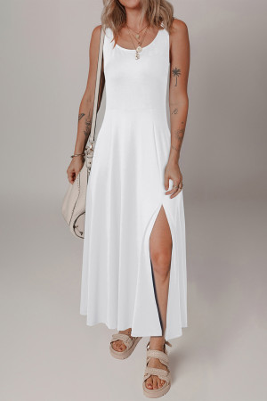White Sleeveless Scoop Neck Flared Split Midi Dress LC6122365-P1