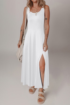 White Sleeveless Scoop Neck Flared Split Midi Dress LC6122365-P1