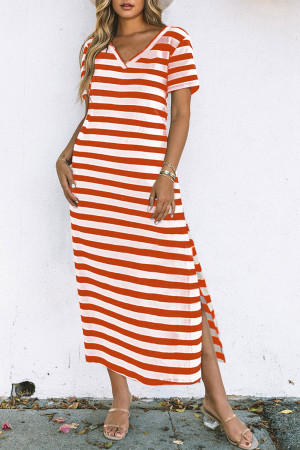 Fiery Red Black Stripe Print V Neck Maxi Dress with Side Splits LC6113423-3