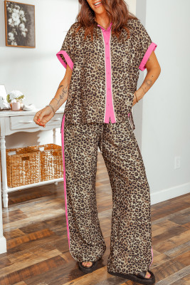 Brown Contrast Trim Leopard Top and Pant Set LC628610-P101720