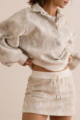 White Abstract Woodland Print Balloon Sleeve Pullover Drawstring Mini Skort Set LC631414-P101