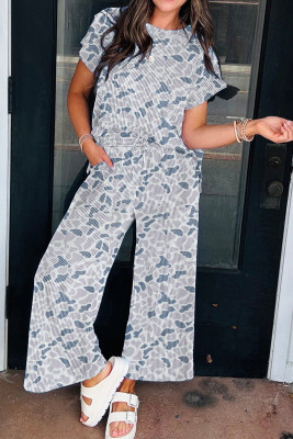 Beige Camouflage Print Twisted Rib Loose Tee Drawstring Pants Set LC629091-P1520