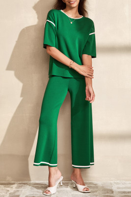 Blackish Green Contrast Trim Half Sleeve Top Drawstring Pants Loose 2pcs Sweater Suit LC273557-P309