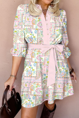 Pink Boho Floral Print Color Block Trim Half Button Belted Mini Dress LC6127845-P1020