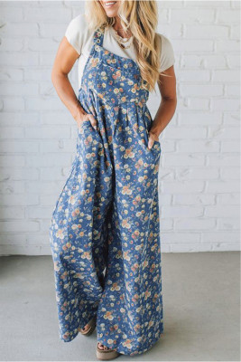 Blue Vintage Rose Printed Pleated Loose Denim Overall Jumpsuit LC7876151-P520