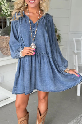 Myosotis Puff Sleeve V Neck Ruffled Loose Denim Mini Dress LC7861133-P1204
