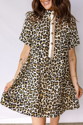 Multicolour Half Buttons Short Sleeve Loose Leopard Mini Dress with Pockets LC6127391-P22