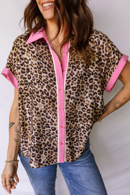Leopard Print Contrasted Trim Animal Short Sleeve Shirt LC2557257-P22