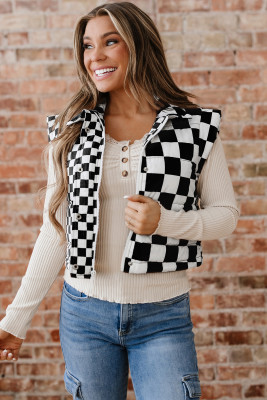 Black Double Checked Stand Collar Cropped Puffer Vest LC853660-P220