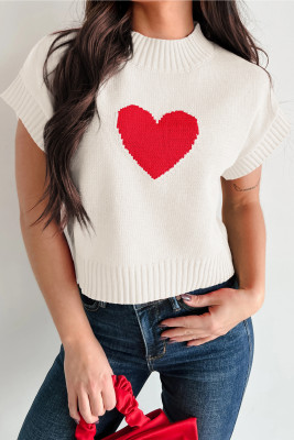 White Valentine Heart Graphic Cropped Short Sleeve Sweater LC2771334-P1