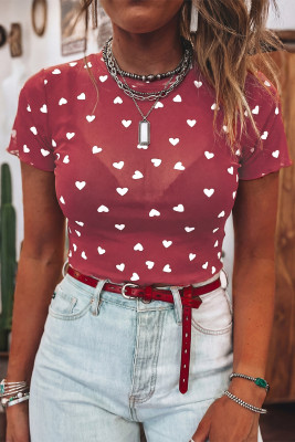 Racing Red Allover Heart Print Mesh Short Sleeve Top LC25135777-P603