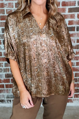 Brown Polo Collared V Neck Short Sleeve Metallic Leopard Blouse LC25136248-P1720
