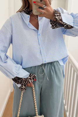 Sky Blue Stripe Ruffled Leopard Patchwork Long Sleeve Button Down Loose Shirt LC2557310-P419