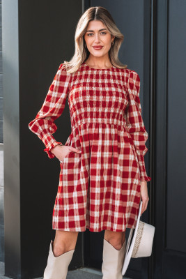 Red Plaid Print Smocked Puff Sleeve Mini Dress LC6126740-P10320