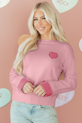Light Pink Plaid Heart Embroidered Cuffed Drop Shoulder Crew Neck Sweater LC2727699-P1010